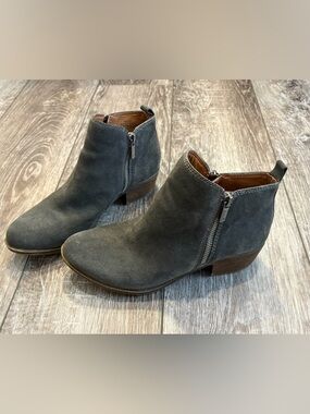 Lucky Brand “Basel” Gray Suede Ankle Booties with Side Zippers- Size 7